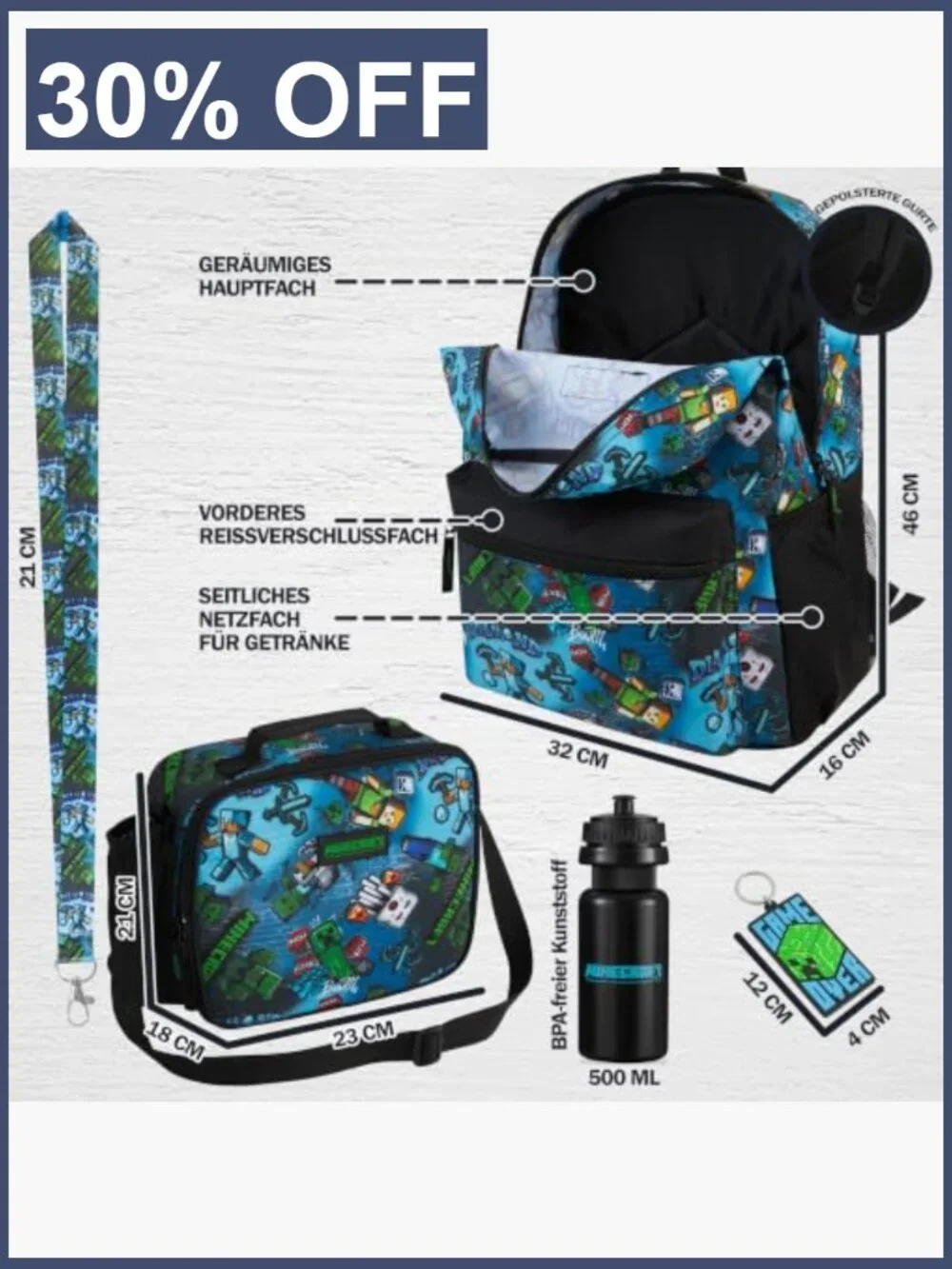 Minecraft Backpack Set for Boys Lunch Bag Water Bottle Lanyard Charm 5pc